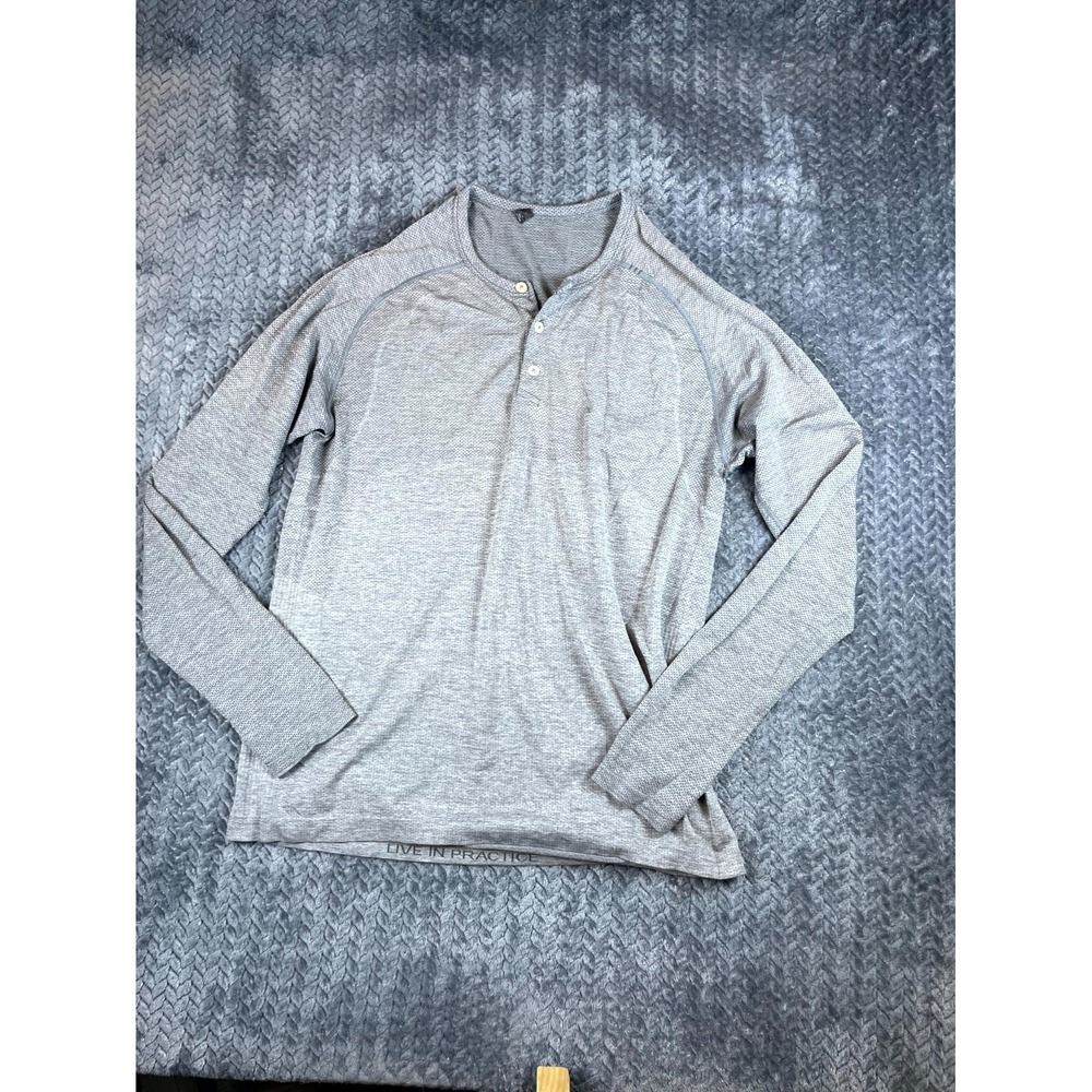 Lululemon Athletic Top Womens Medium Gray Textured Henley Neck Raglan Sleeve